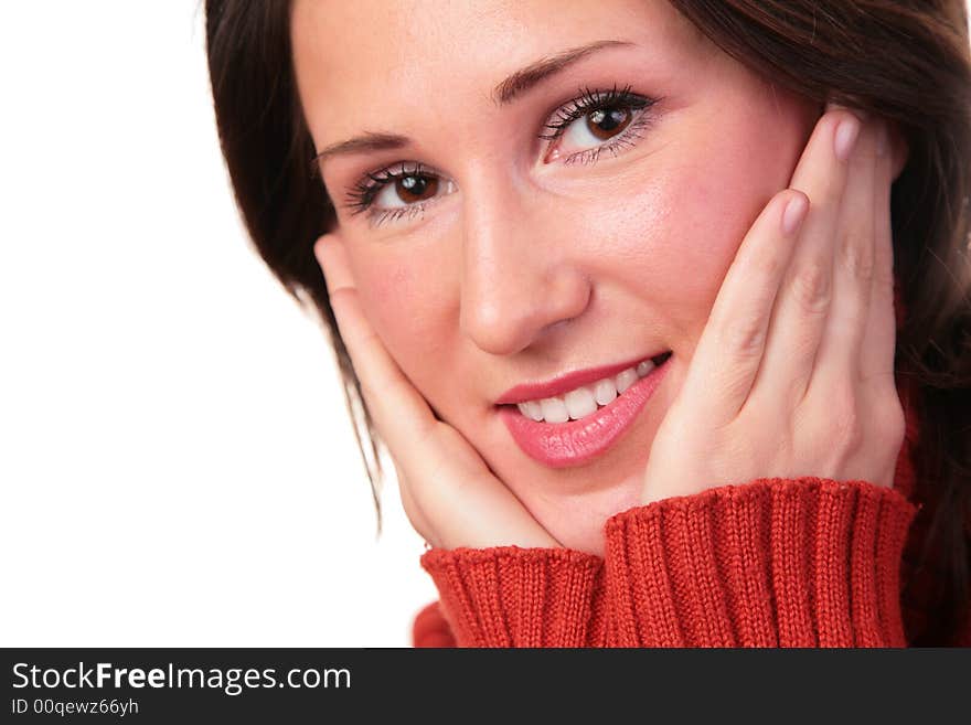 Woman in red sweater on white