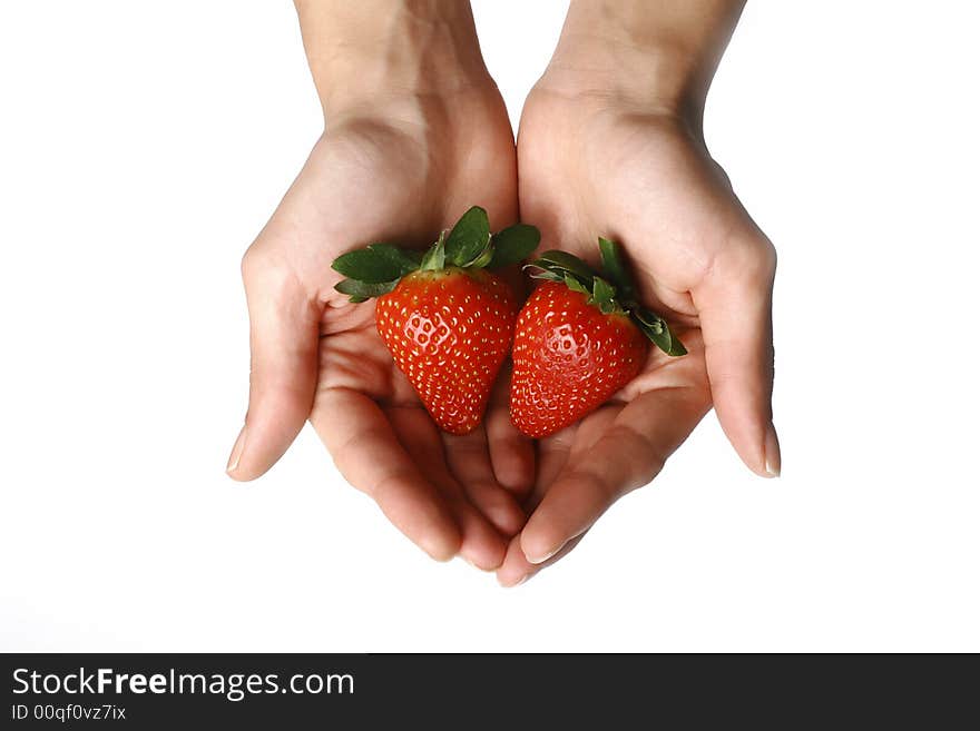 Two tasty strawberries in two woman hands. Two tasty strawberries in two woman hands