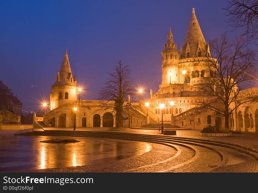 Evening at Fisher's Bastion in Budapest, Hungary.