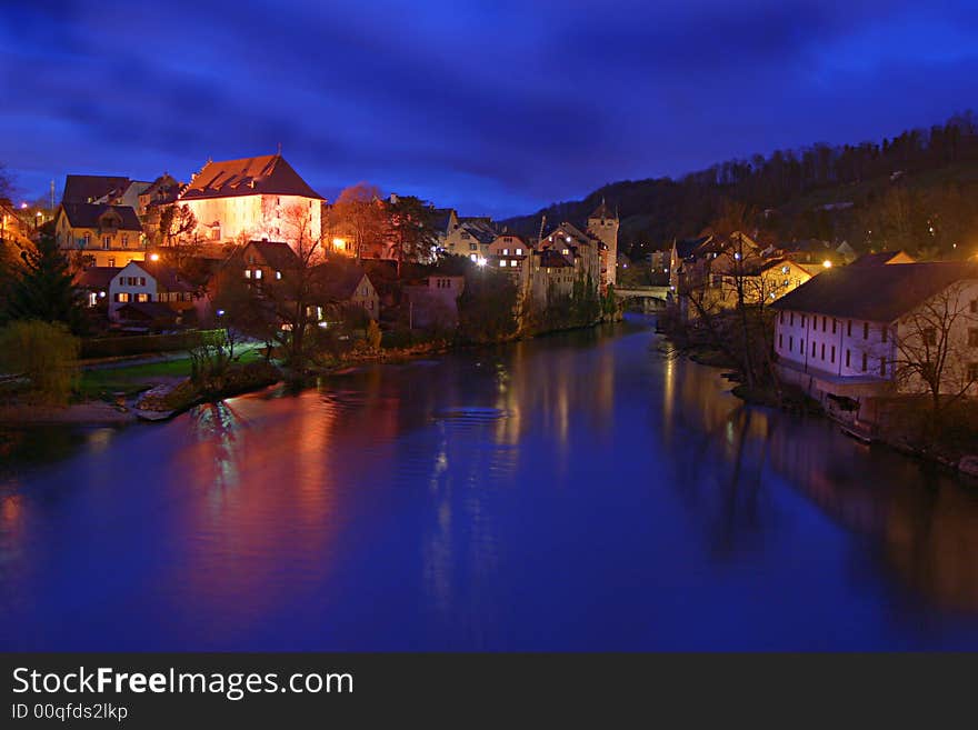 Swiss town Brugg in the night, HDR of 3 shots. Swiss town Brugg in the night, HDR of 3 shots