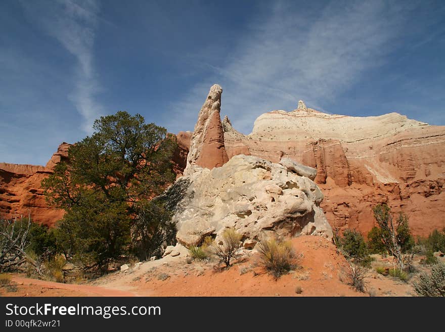 View of the red rock formations in Kodachrome Basin with blue skys and clouds. View of the red rock formations in Kodachrome Basin with blue skys and clouds