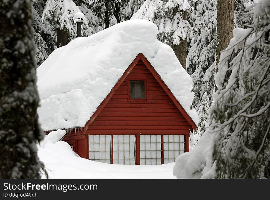 Red Cabin Snow scene at Denny Creek in Issaquah, WA