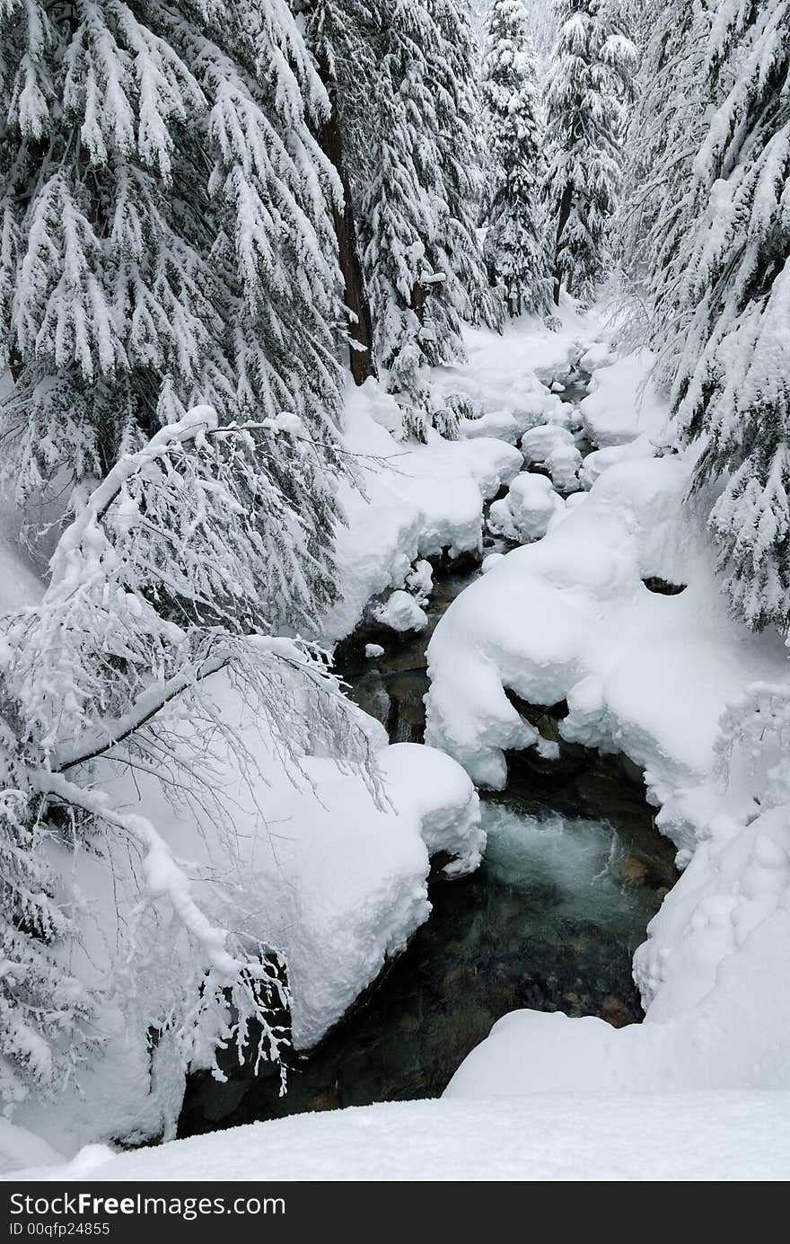 Creek with heavy snow