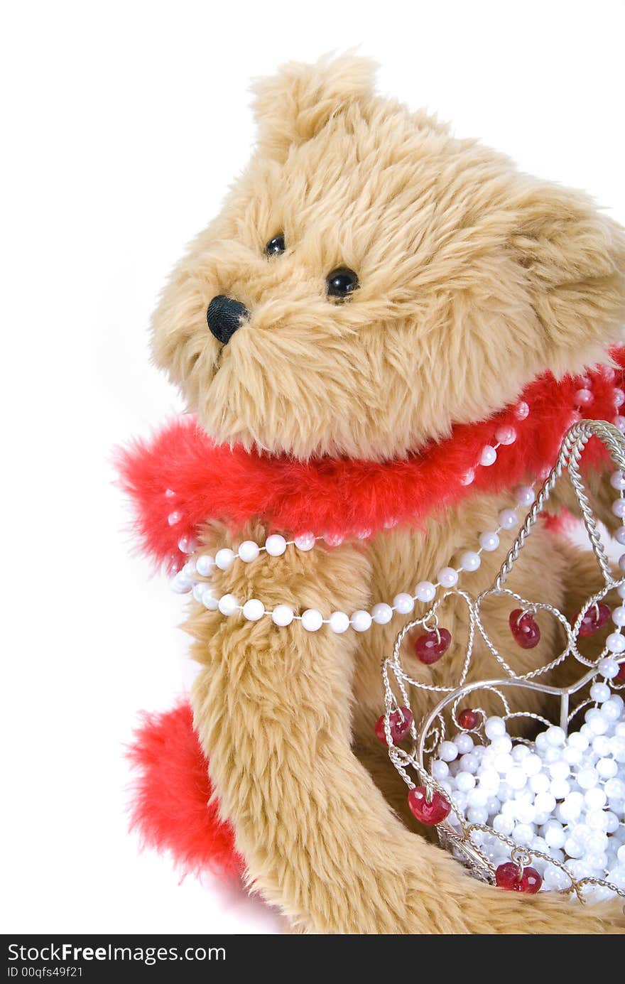 Teddy bear and basket of beads