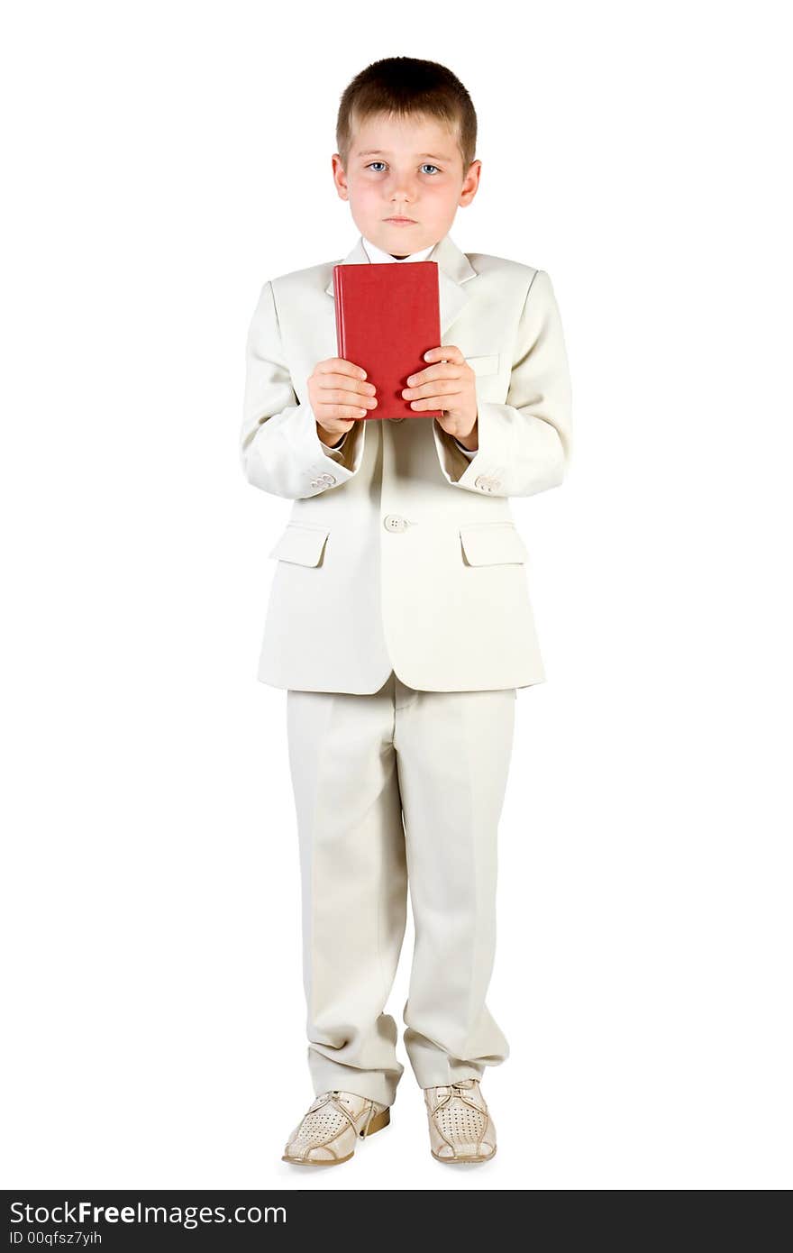 Well-dressed boy hold red book. Isolated on white. Well-dressed boy hold red book. Isolated on white