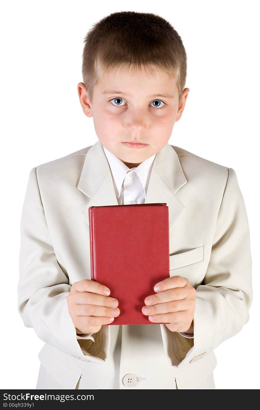 Well-dressed boy hold in hands red book. Isolated on white. Well-dressed boy hold in hands red book. Isolated on white