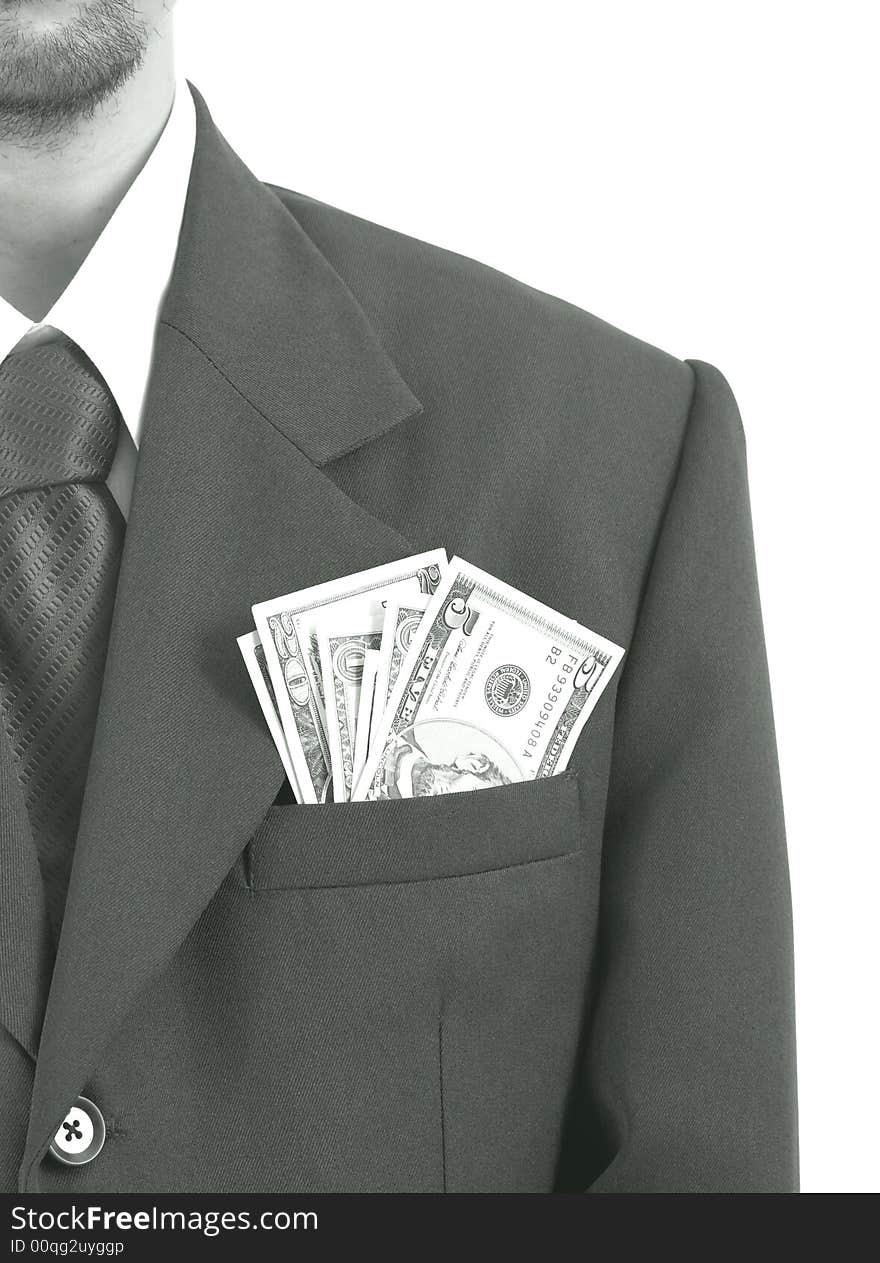 A businessman with dollar notes in his suit pocket