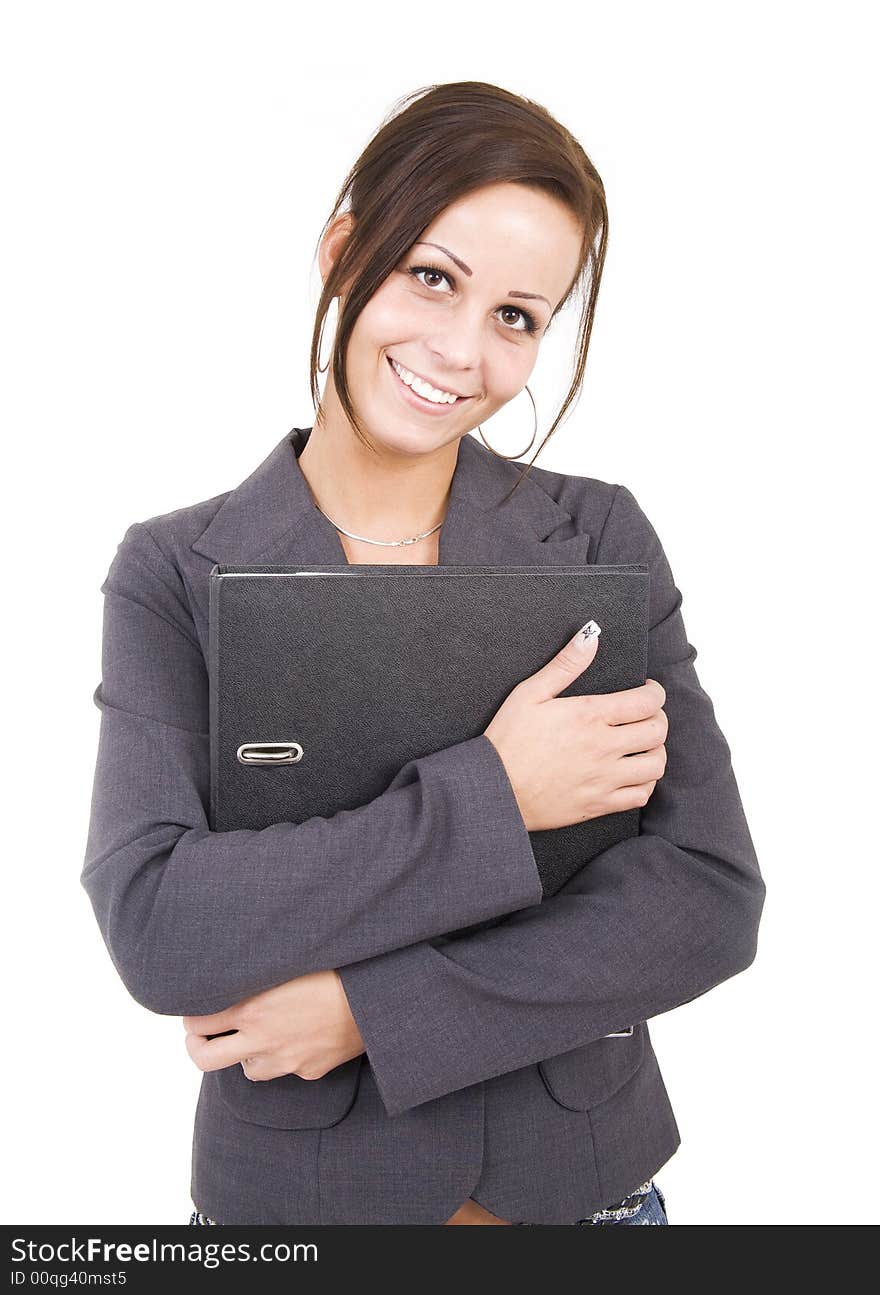 Beautiful business woman holding a black file folder