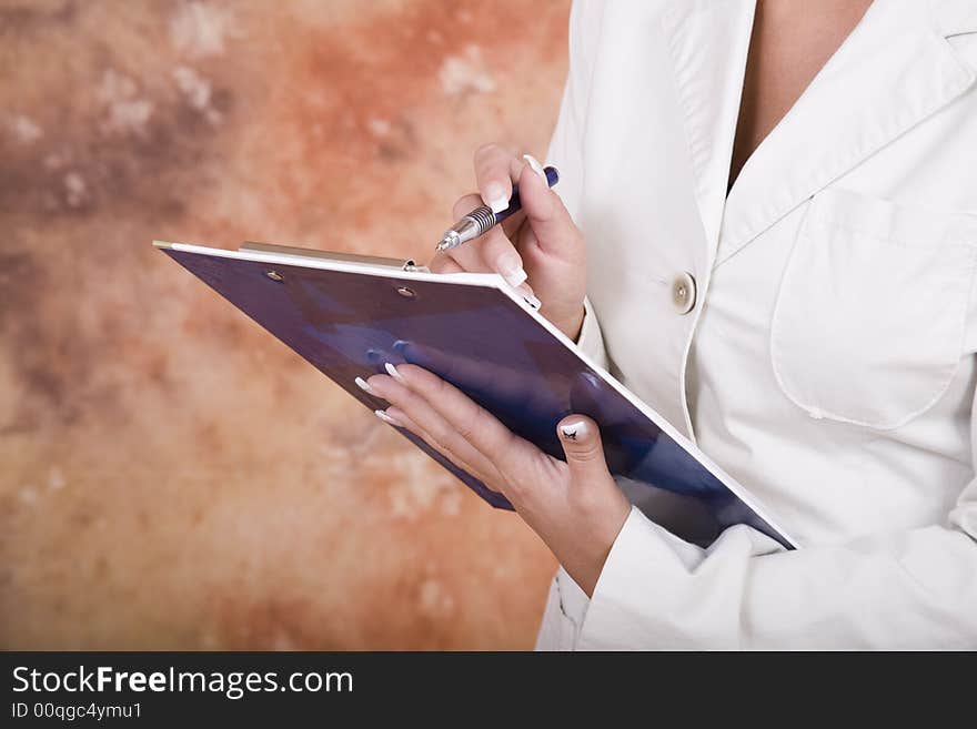 Test writing woman on isolated white background. Test writing woman on isolated white background