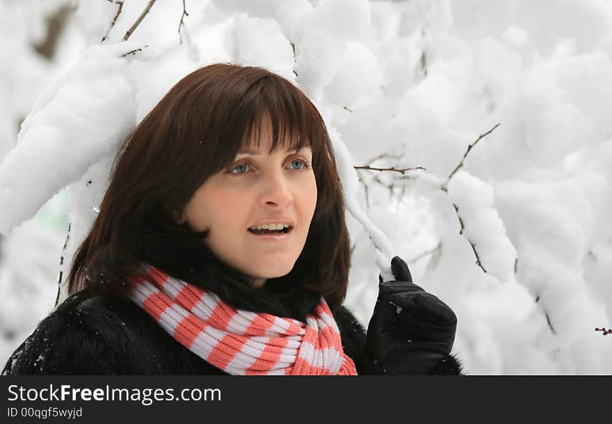 Portrait of the woman on a background of snow branches