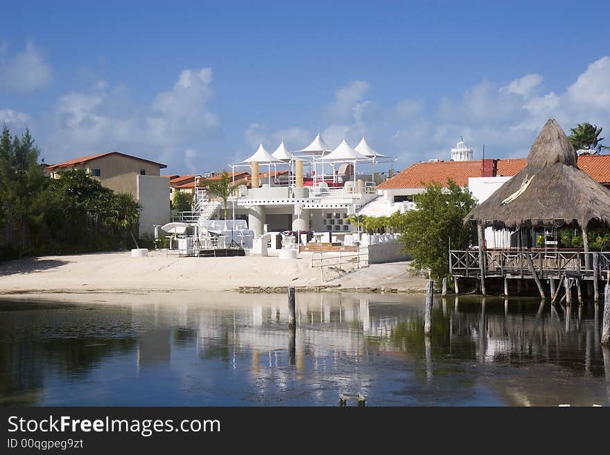 Stage and shops by the beach in a lagoon. Stage and shops by the beach in a lagoon