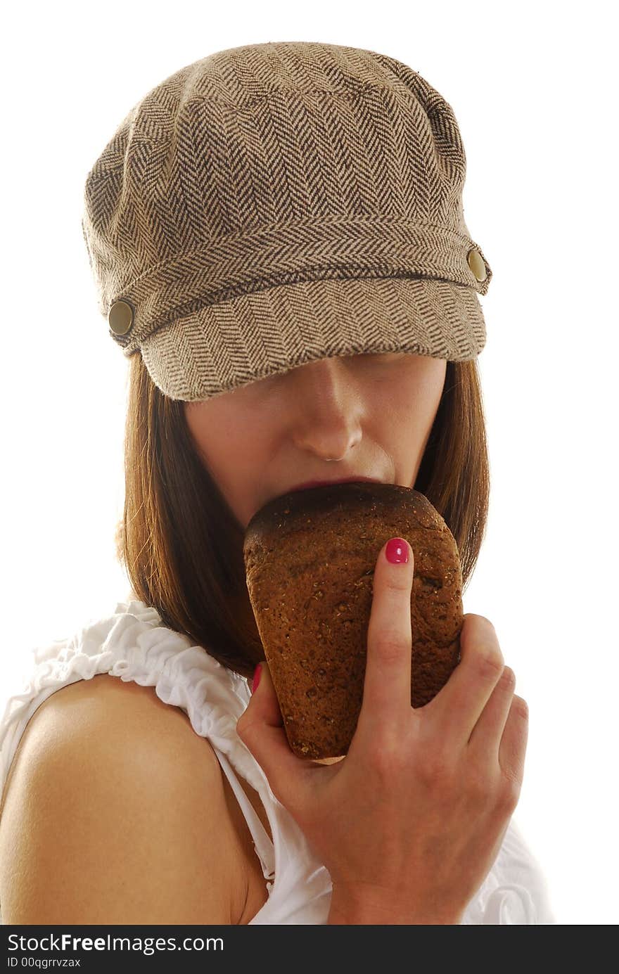 Country style girl bite piece of black bread. Country style girl bite piece of black bread