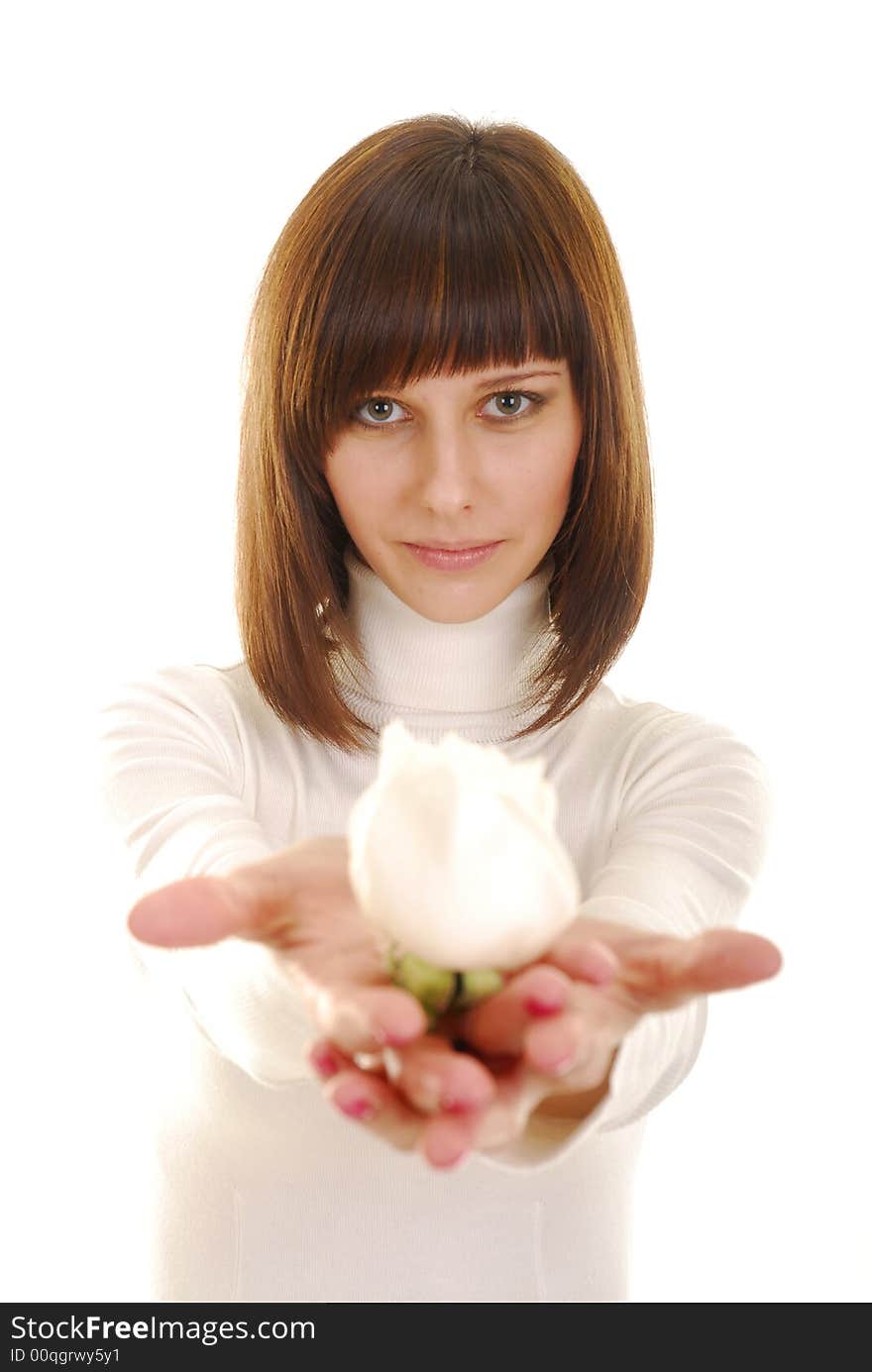 Pretty woman in white dress with white roses. Pretty woman in white dress with white roses