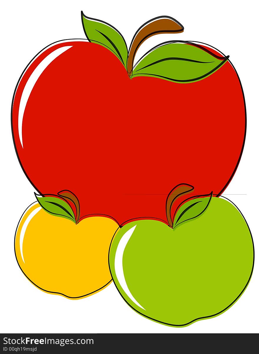 A clip art illustration featuring 3 apples in red, golden yellow and green with ample room for text isolated on white. A clip art illustration featuring 3 apples in red, golden yellow and green with ample room for text isolated on white