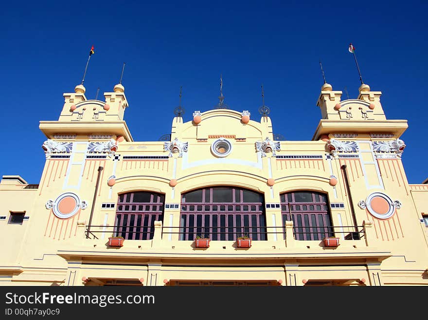 Font view of the Liberty building  entrance to the popular Mondello Beach in Palermo. Sicily, Italy. Font view of the Liberty building  entrance to the popular Mondello Beach in Palermo. Sicily, Italy