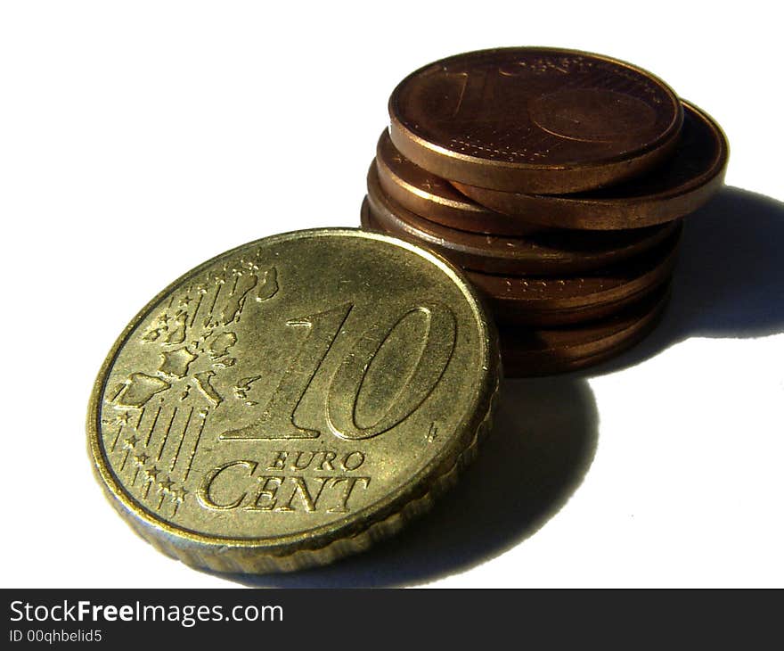 One, two and ten euro cent coins