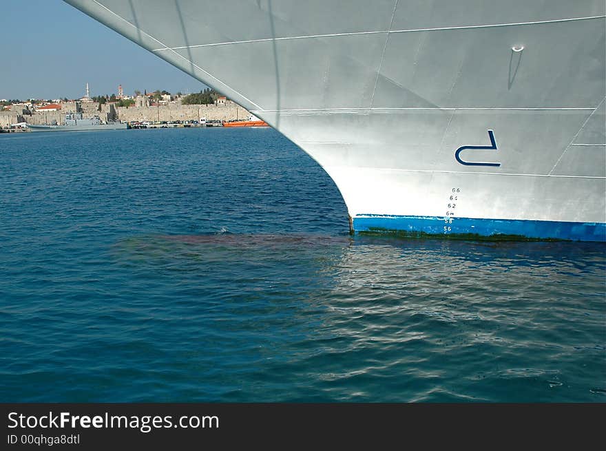 Cruise ship hull in Blue sea