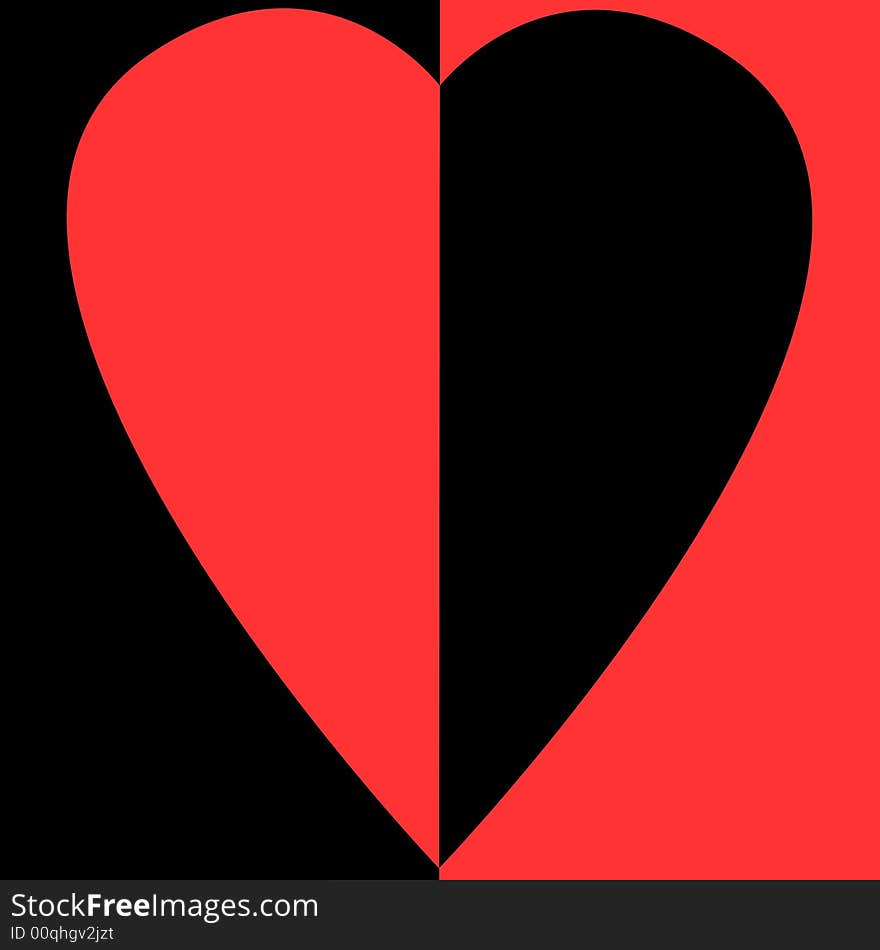 Bisected red and black heart on bisected white and red background. Bisected red and black heart on bisected white and red background