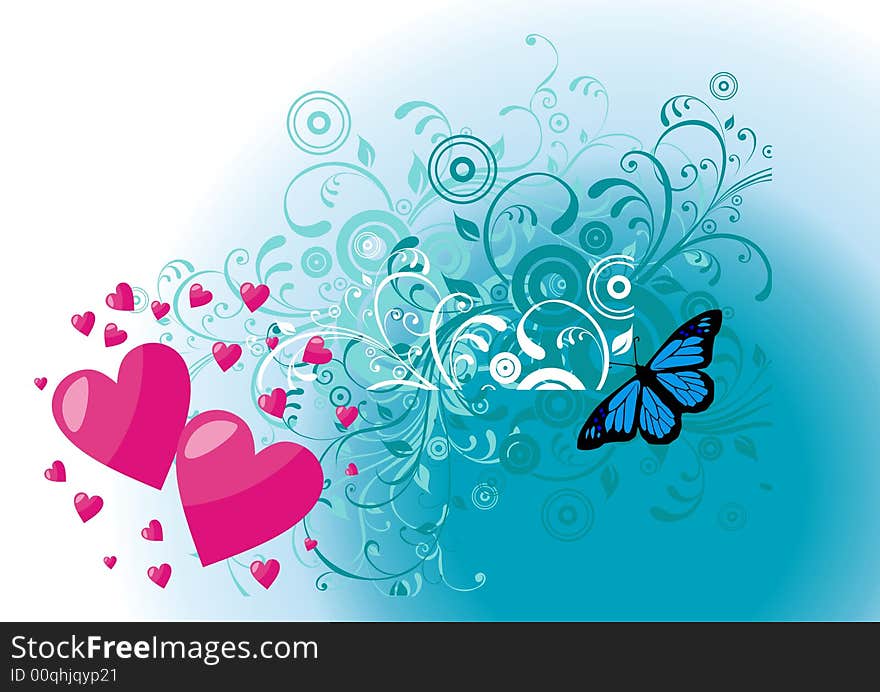 Hearts and butterfly floral background. Hearts and butterfly floral background