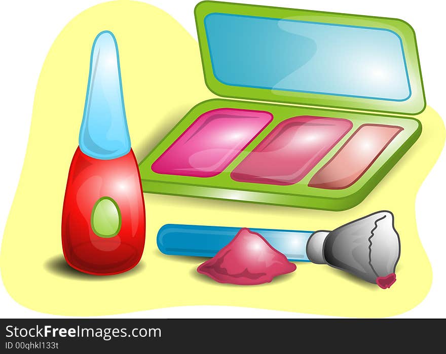 Illustrations of different beauty products including, powder,mascara, and an applicator with mirrored case. Illustrations of different beauty products including, powder,mascara, and an applicator with mirrored case.