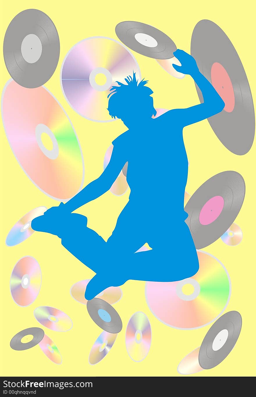 The young man jumps on a background of musical disks