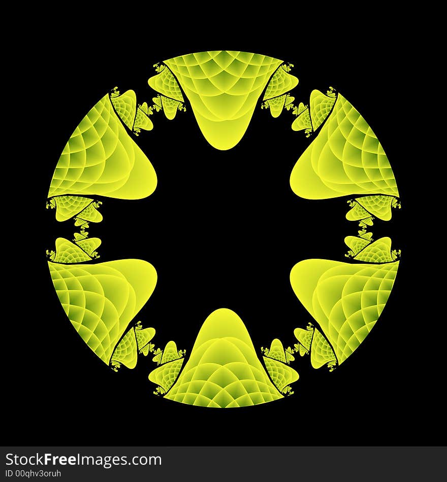 A yellow and green circular fractal that has the texture of imaginary dragon skin.