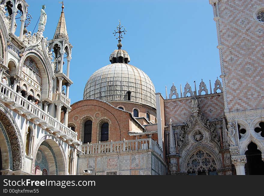 Details from an interesting angle of the St. Mark Basilica and Doge Palace. Details from an interesting angle of the St. Mark Basilica and Doge Palace