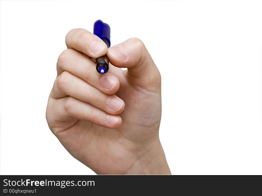 Hand holding pen isolated in white background