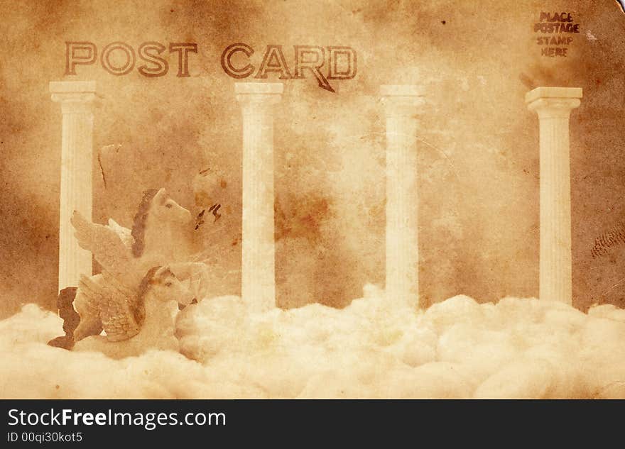 Winged Horse with Clouds and Columns, Vintage Postcard