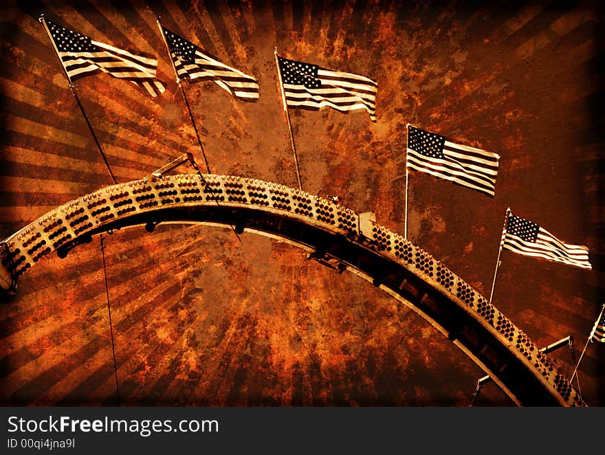 Vintage Grunge Style Rollercoaster with Flags. Vintage Grunge Style Rollercoaster with Flags
