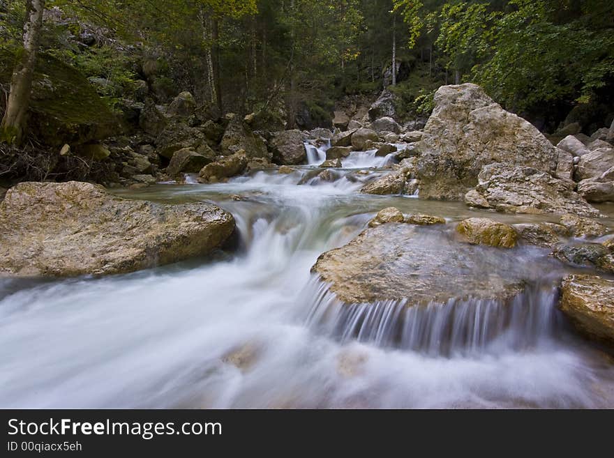 Mountain river with water flowing over rocks