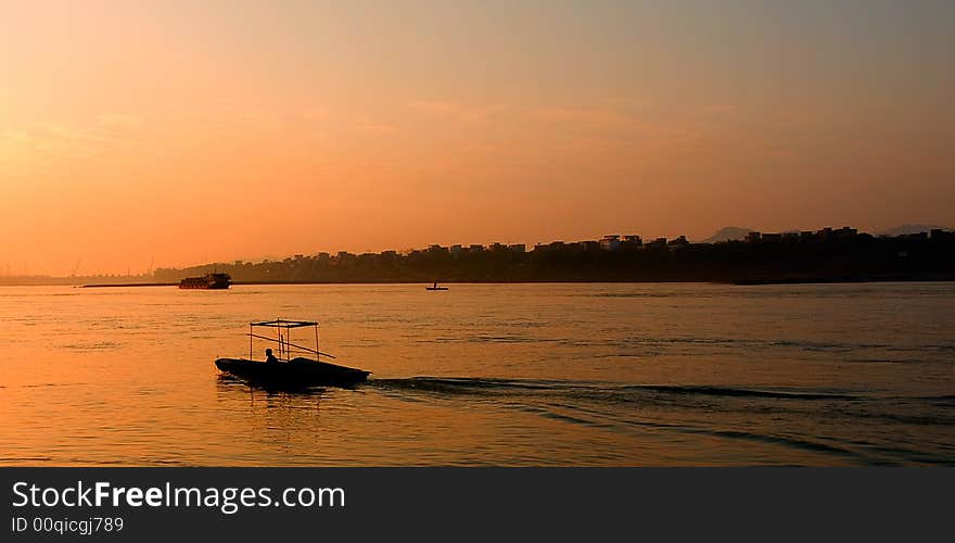 Sunset Fishing Vessels Under The Xijiang