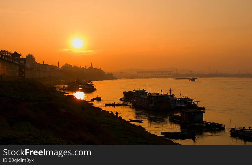 Warm golden sunset, Chinese port. Warm golden sunset, Chinese port.