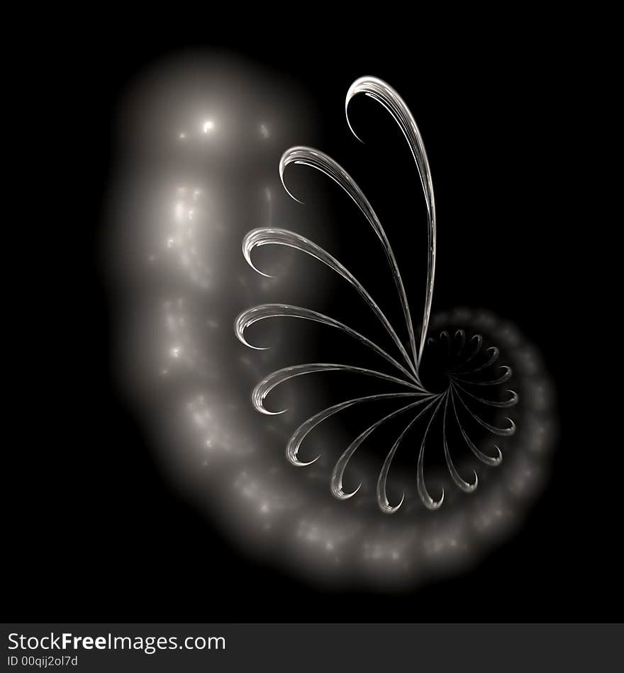 Abstract fractal image resembling a silver floral spiral