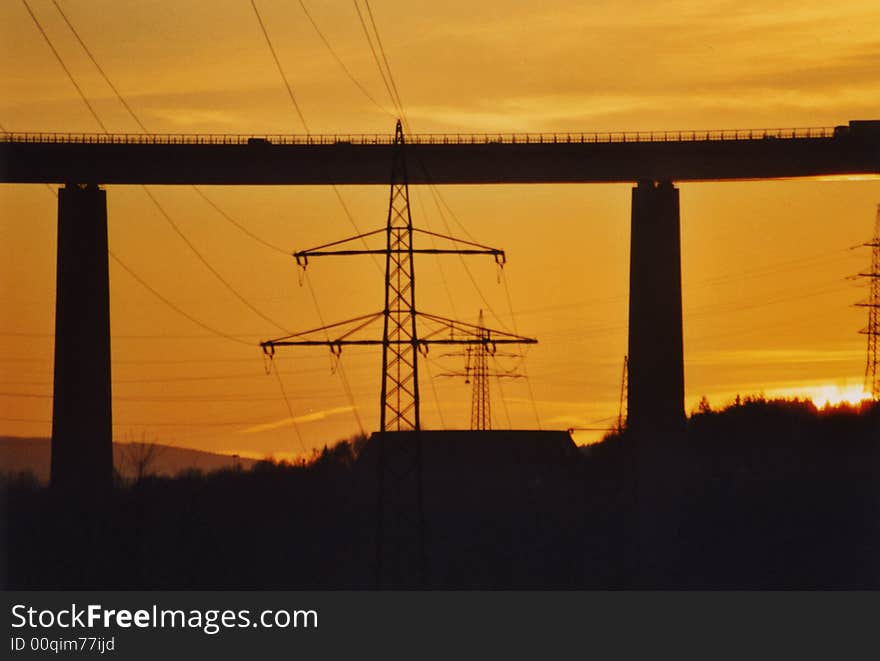 Bridge of the german Autobahn during sunset