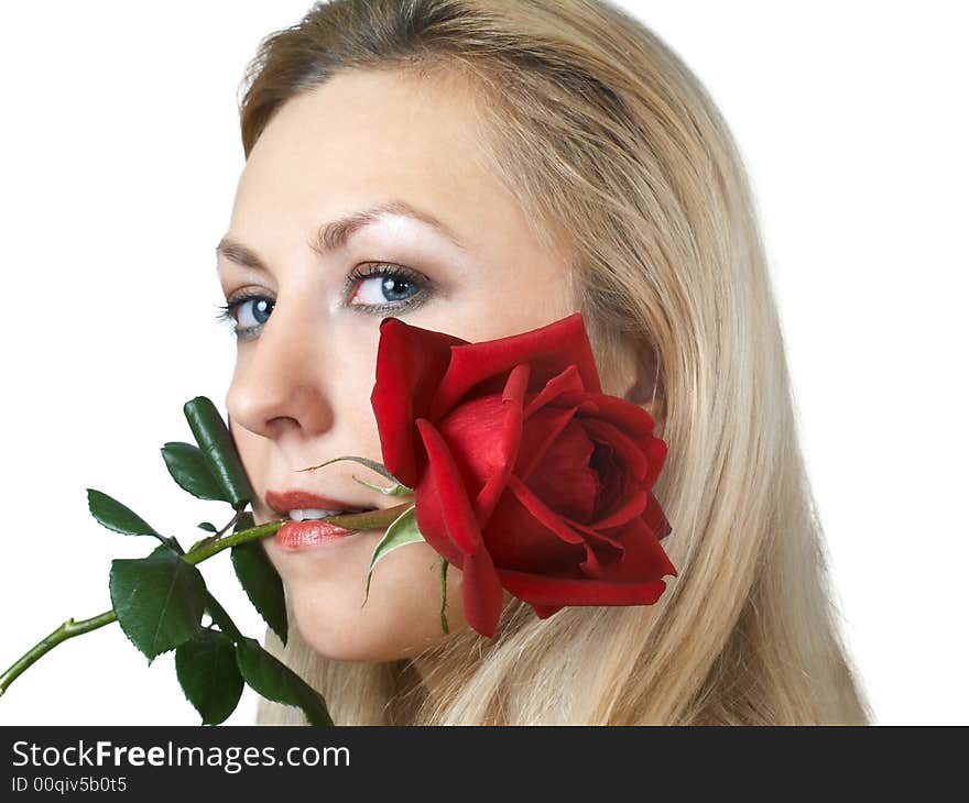 Blonde girl with blood red rose in mouth. Blonde girl with blood red rose in mouth