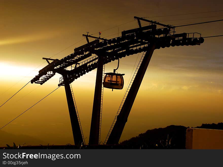 Views a cable car image on the sunsets background