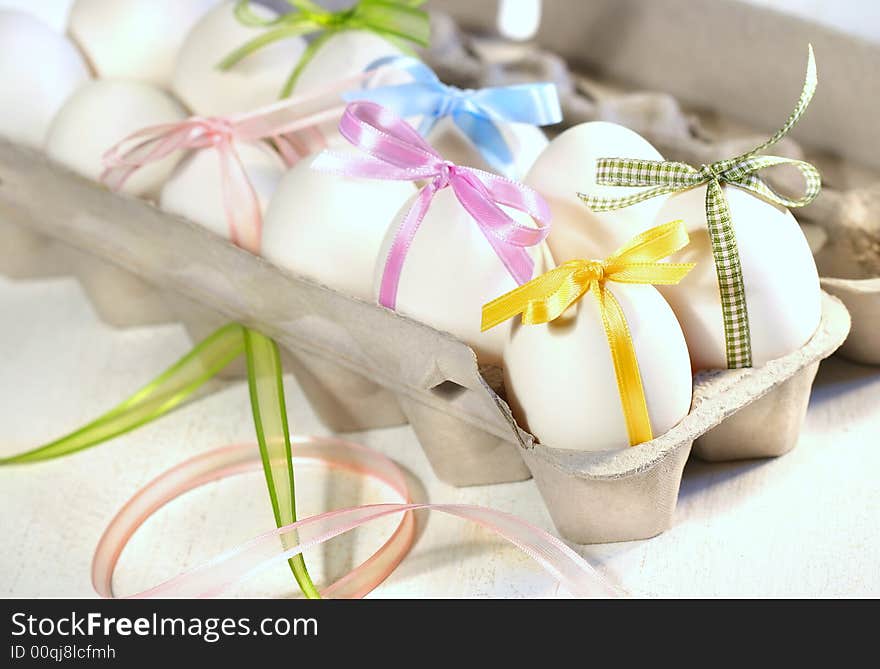 Eggs with ribbons ready for Easter festivities