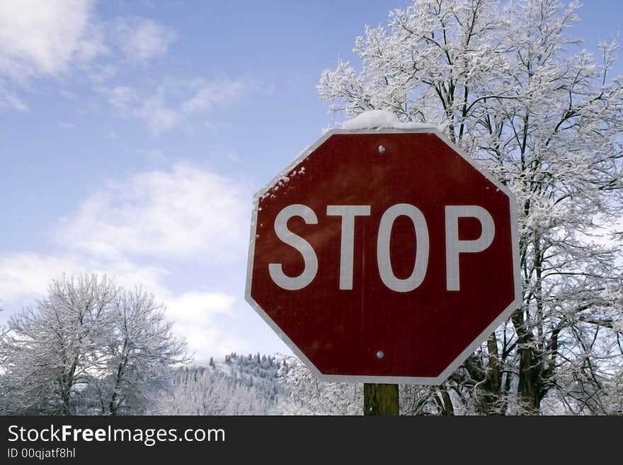 A red stop sign with a very wintry background.