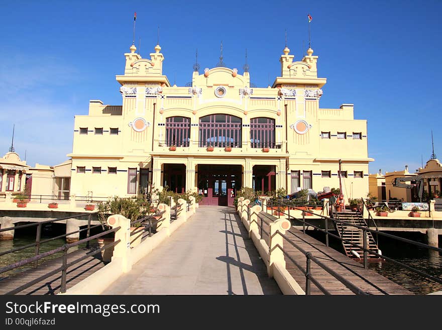 Font view of the Liberty building  entrance to the popular Mondello Beach in Palermo. Sicily, Italy. Font view of the Liberty building  entrance to the popular Mondello Beach in Palermo. Sicily, Italy