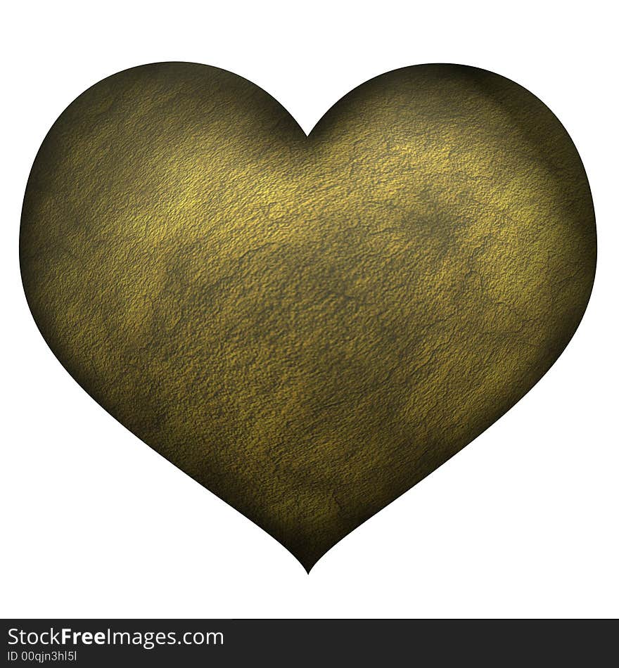 A gold coloured heart with a textured surface. A gold coloured heart with a textured surface.