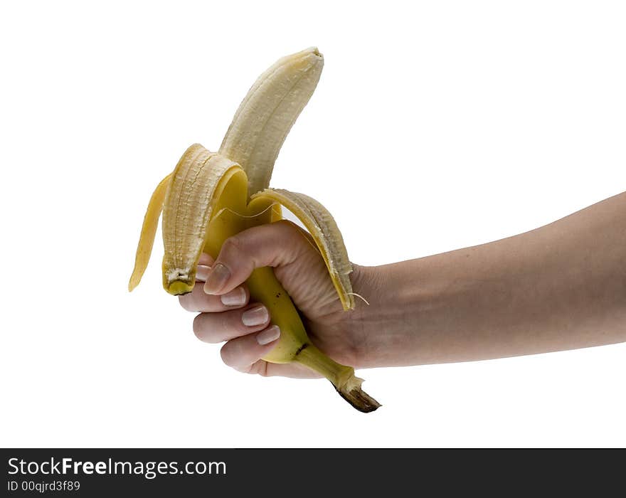 Hand holding bananas isolated on white backdround