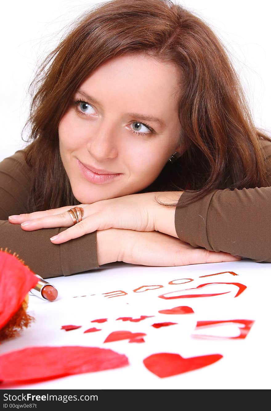 Smiling valentine girl and hearts