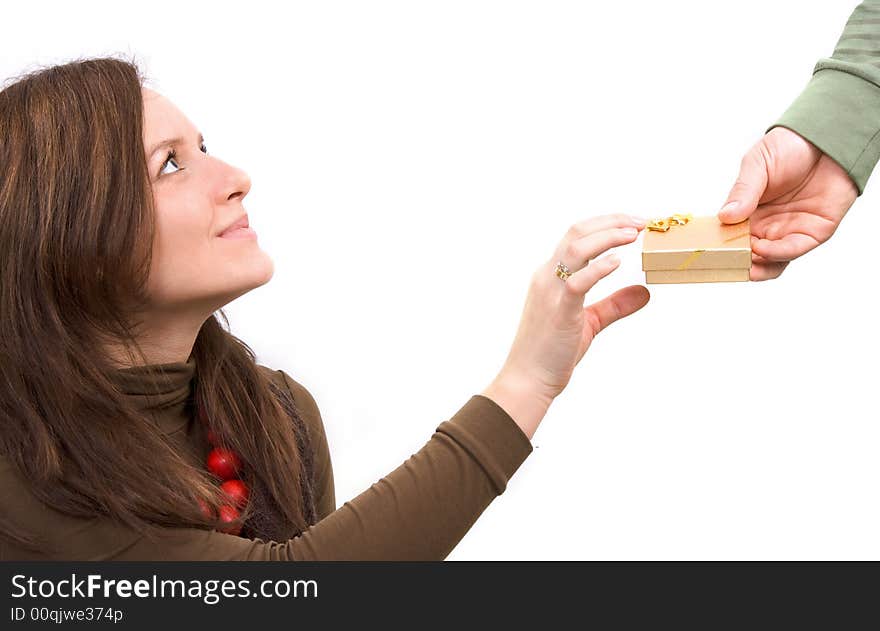 Valentine gift in hand, girl is looking at