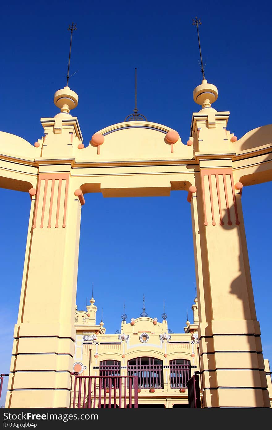 Font view of the Liberty building  entrance to the popular Mondello Beach in Palermo. Sicily, Italy. Font view of the Liberty building  entrance to the popular Mondello Beach in Palermo. Sicily, Italy