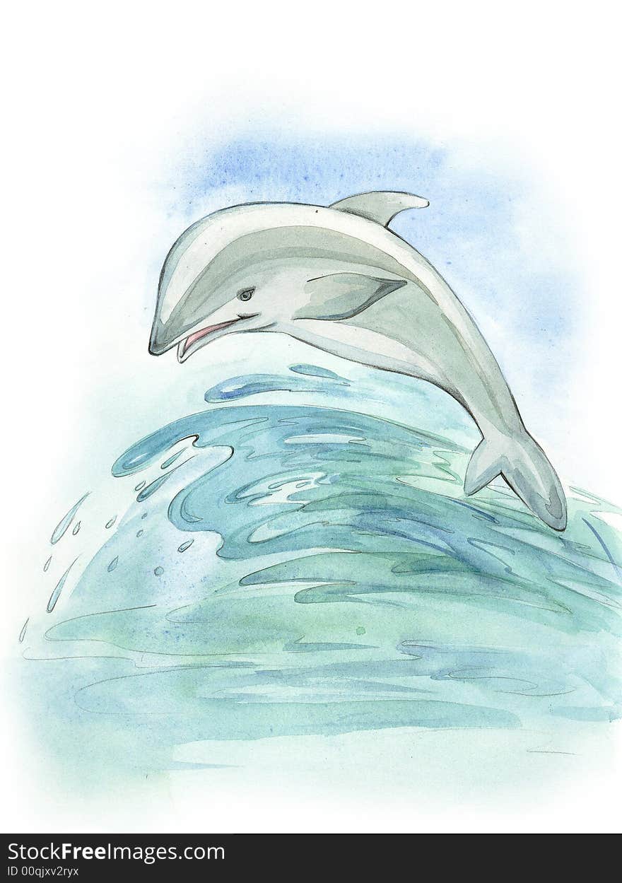 Illustration with dolphin and sea waves. Illustration with dolphin and sea waves