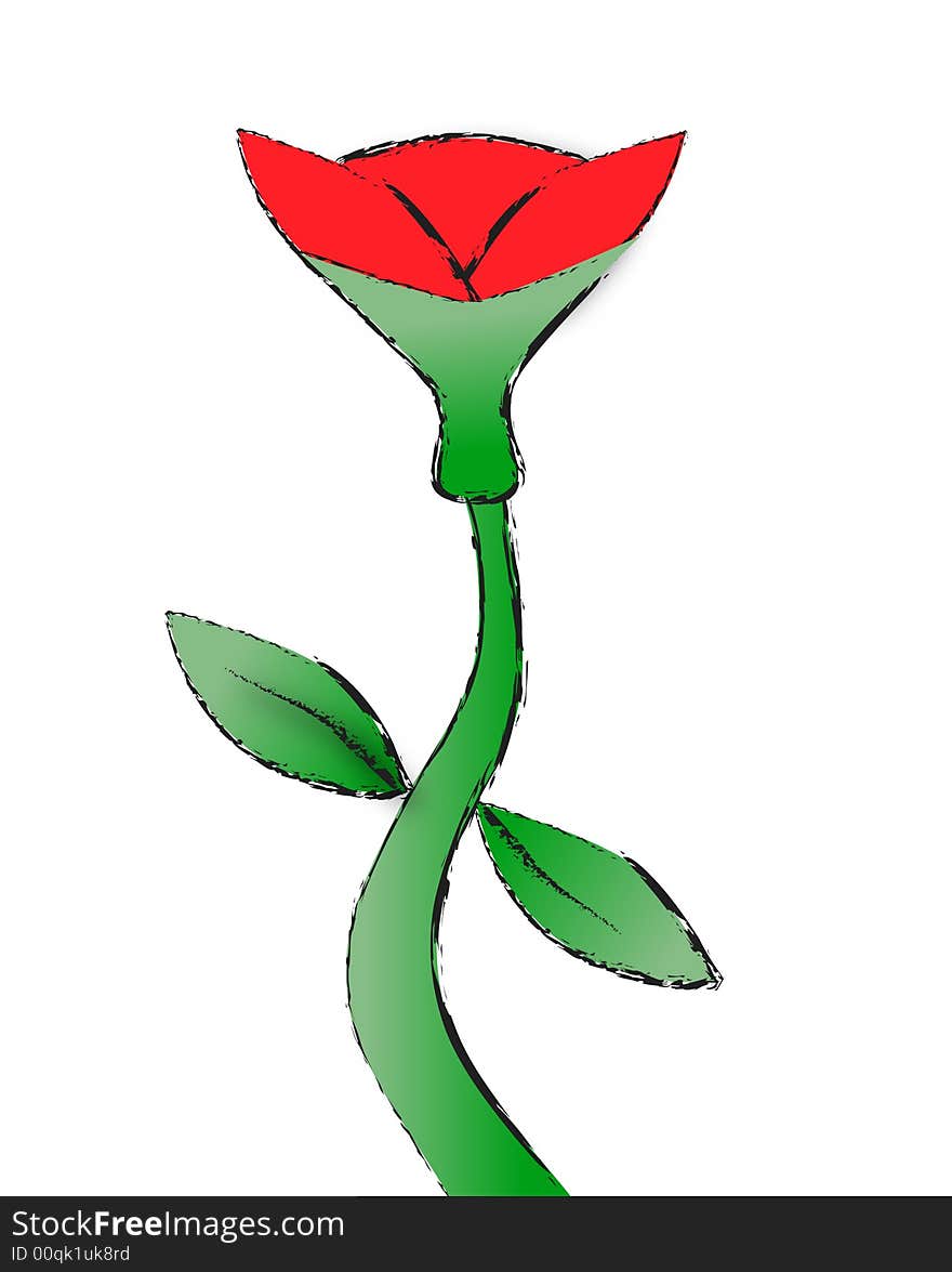 Illustration of simple red flower with two leaves.