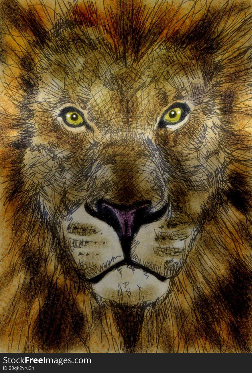 Lion illustration. Corel Painter and Adobe Photoshop.