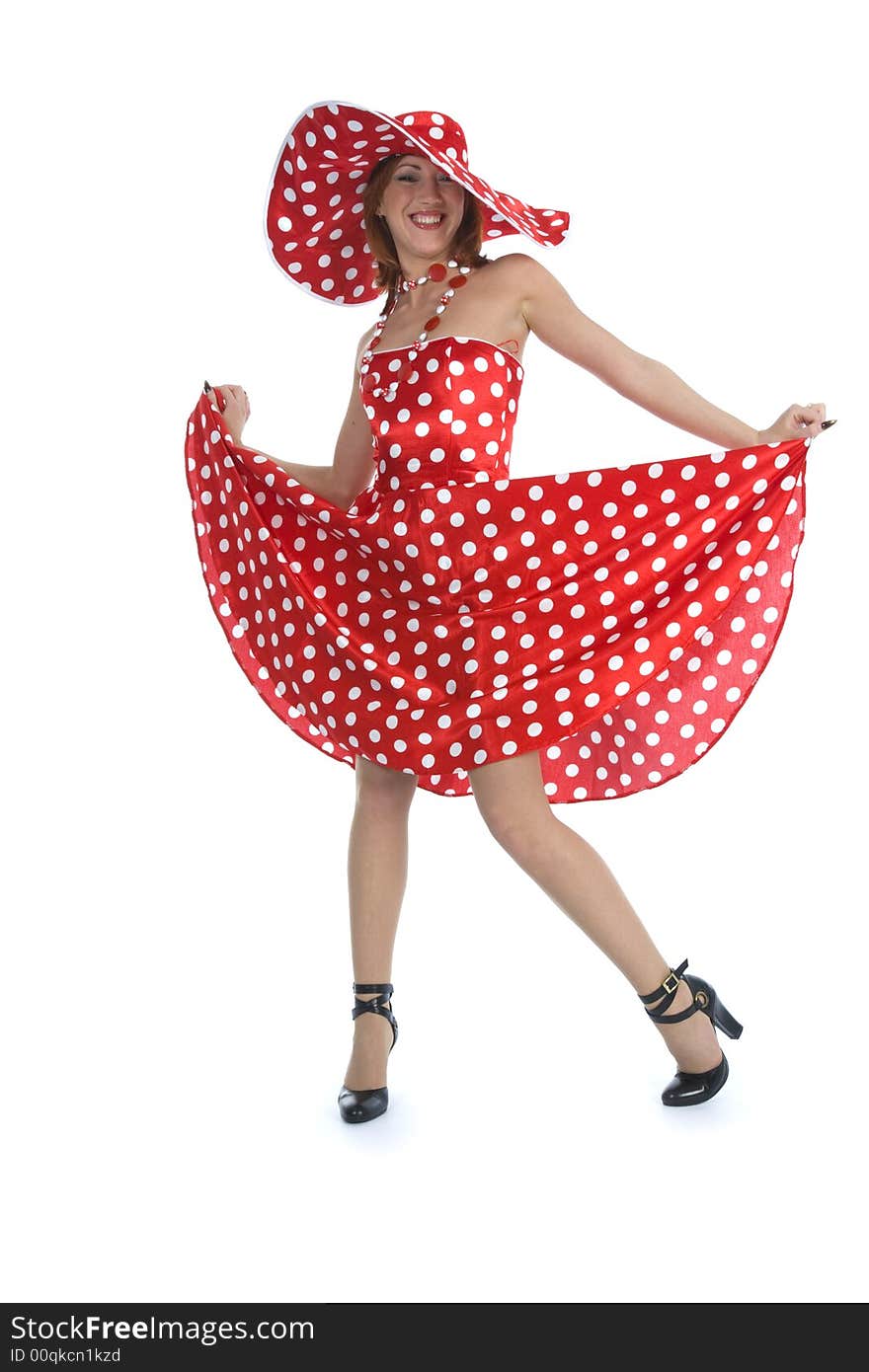 Portrait redheaded with spotted dress on white background