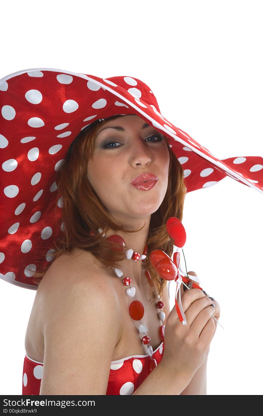 Portrait redheaded with spotted dress on white background